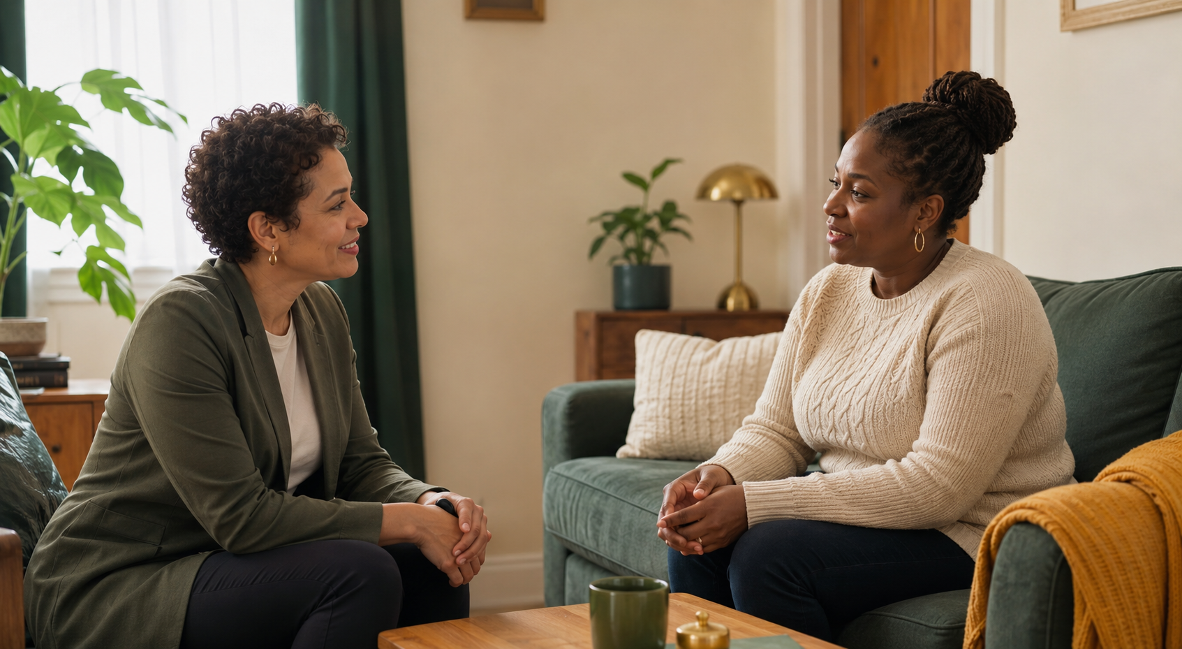 Two adults having a respectful housing conversation in a comfortable home setting